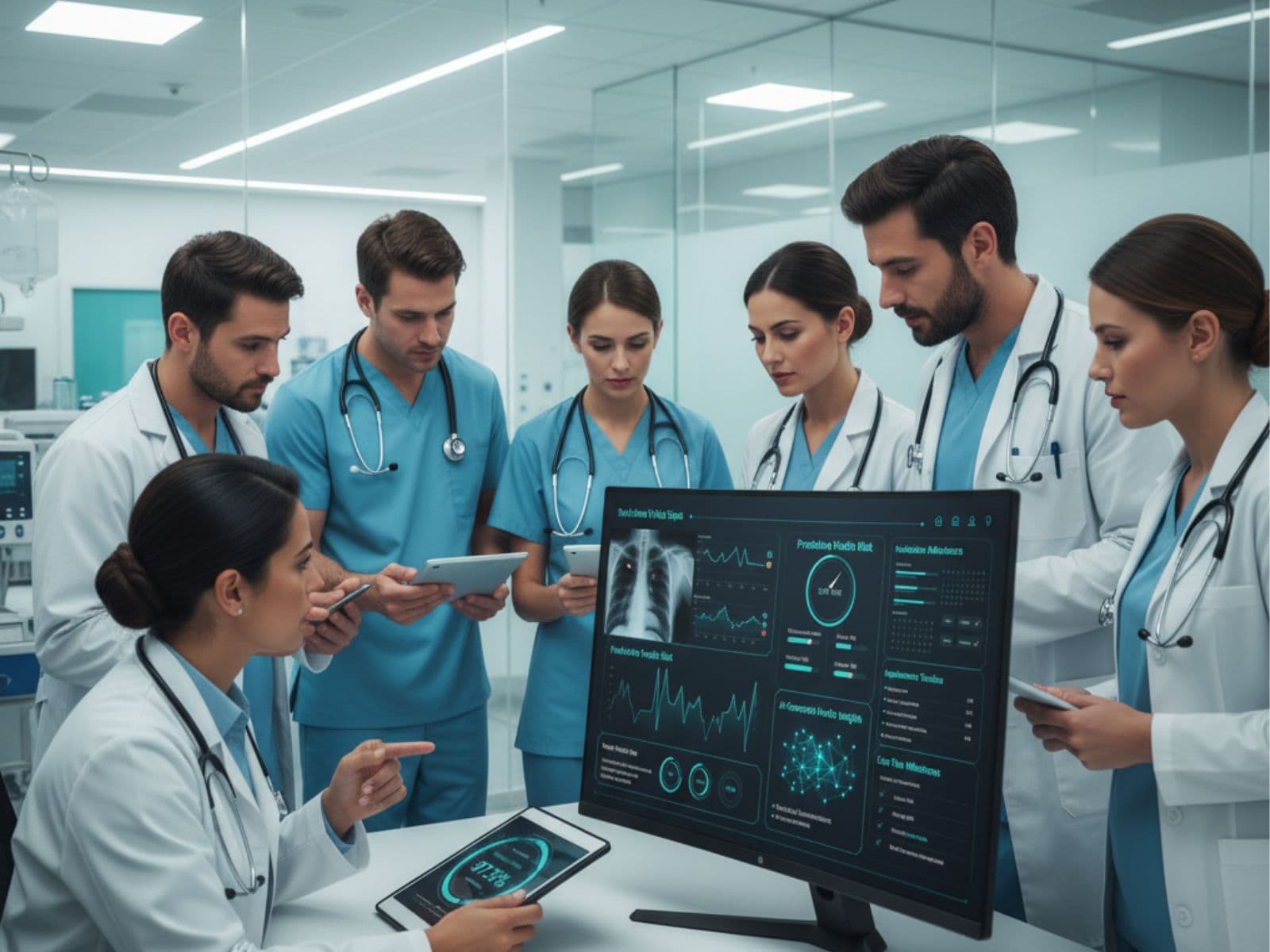 Healthcare professionals collaborating with AI technology