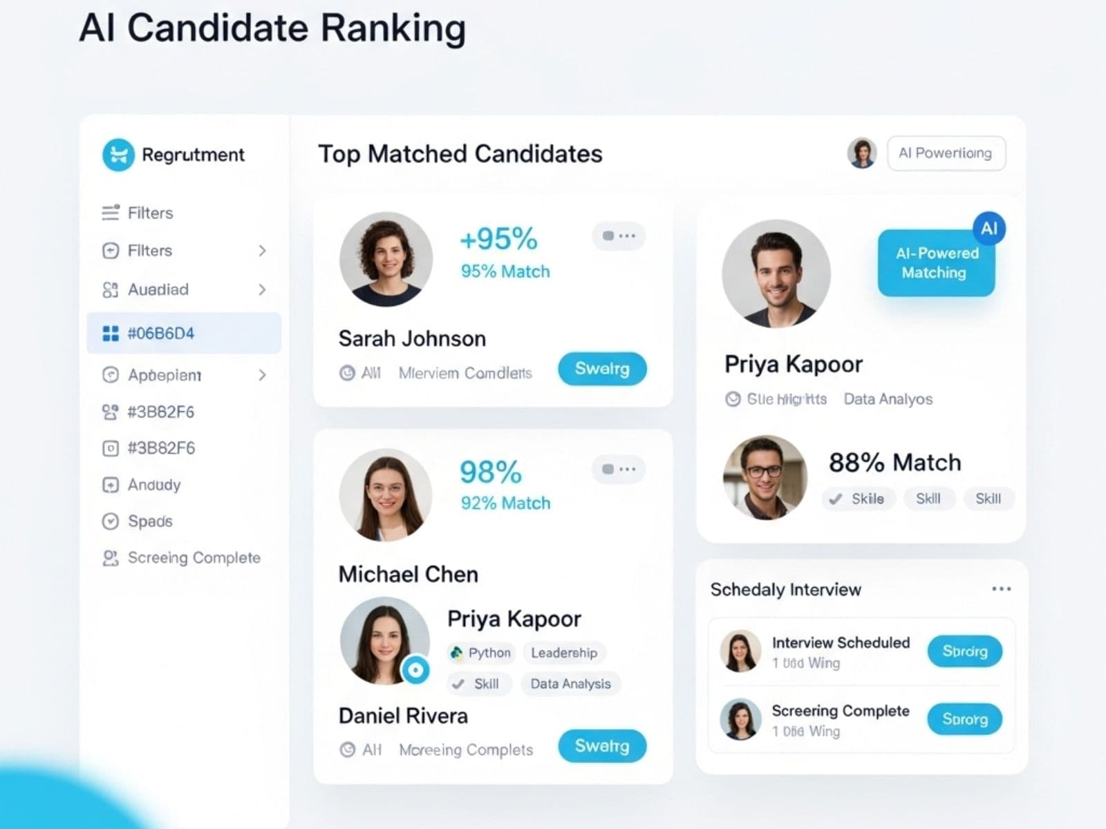 AI recruitment dashboard showing candidate matching scores and automated scheduling