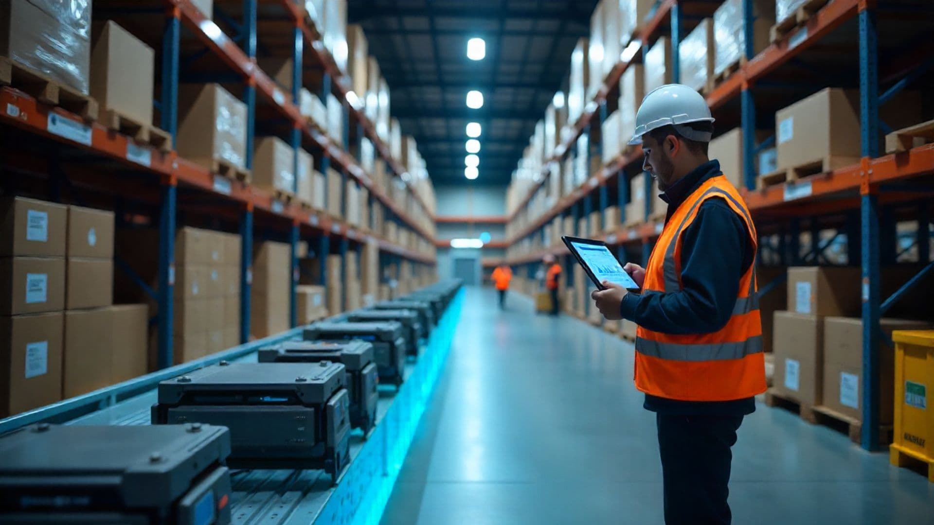 Modern logistics warehouse with AI-powered automation