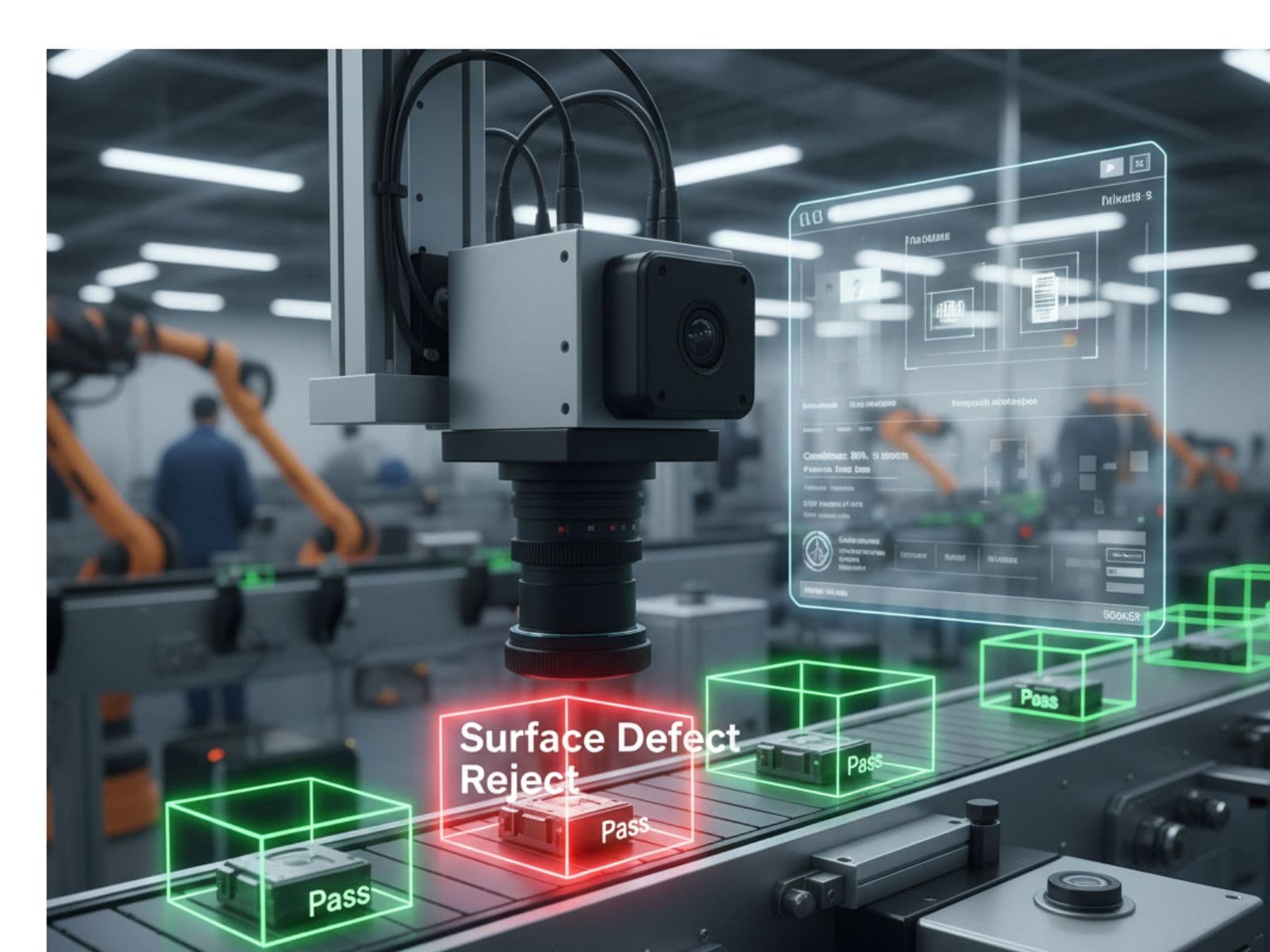 AI vision system detecting defects on production line