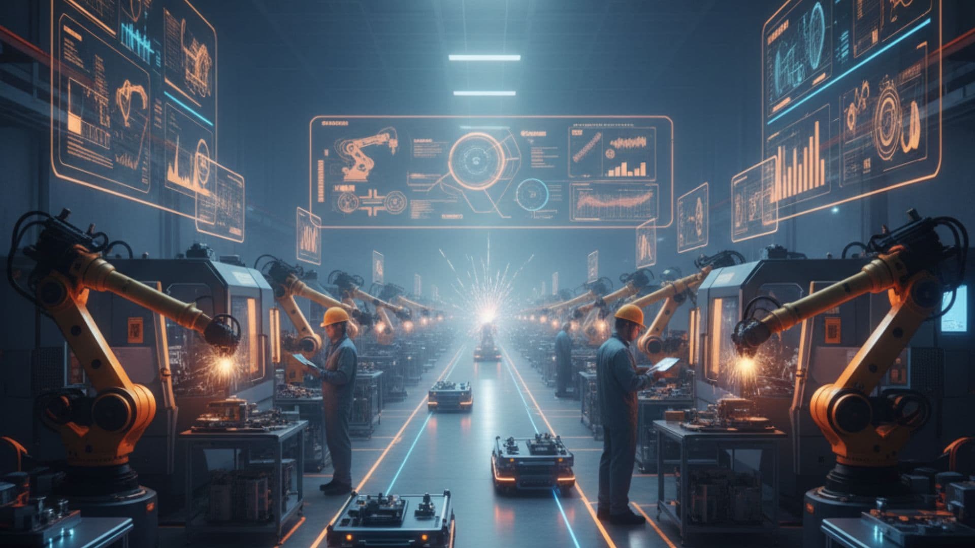 High-tech manufacturing facility with smart machinery and robotic arms