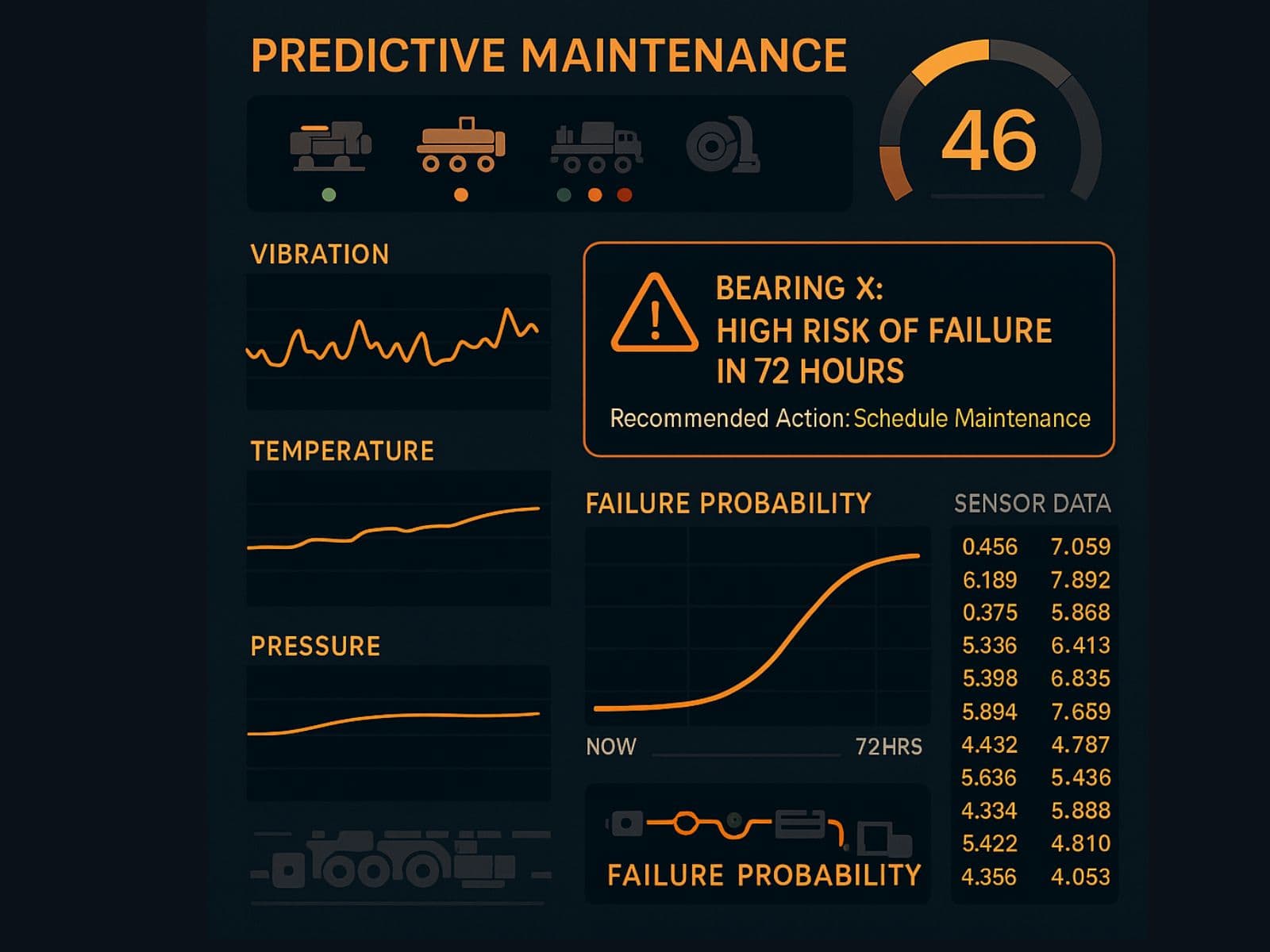 Digital dashboard showing machine health status and failure predictions